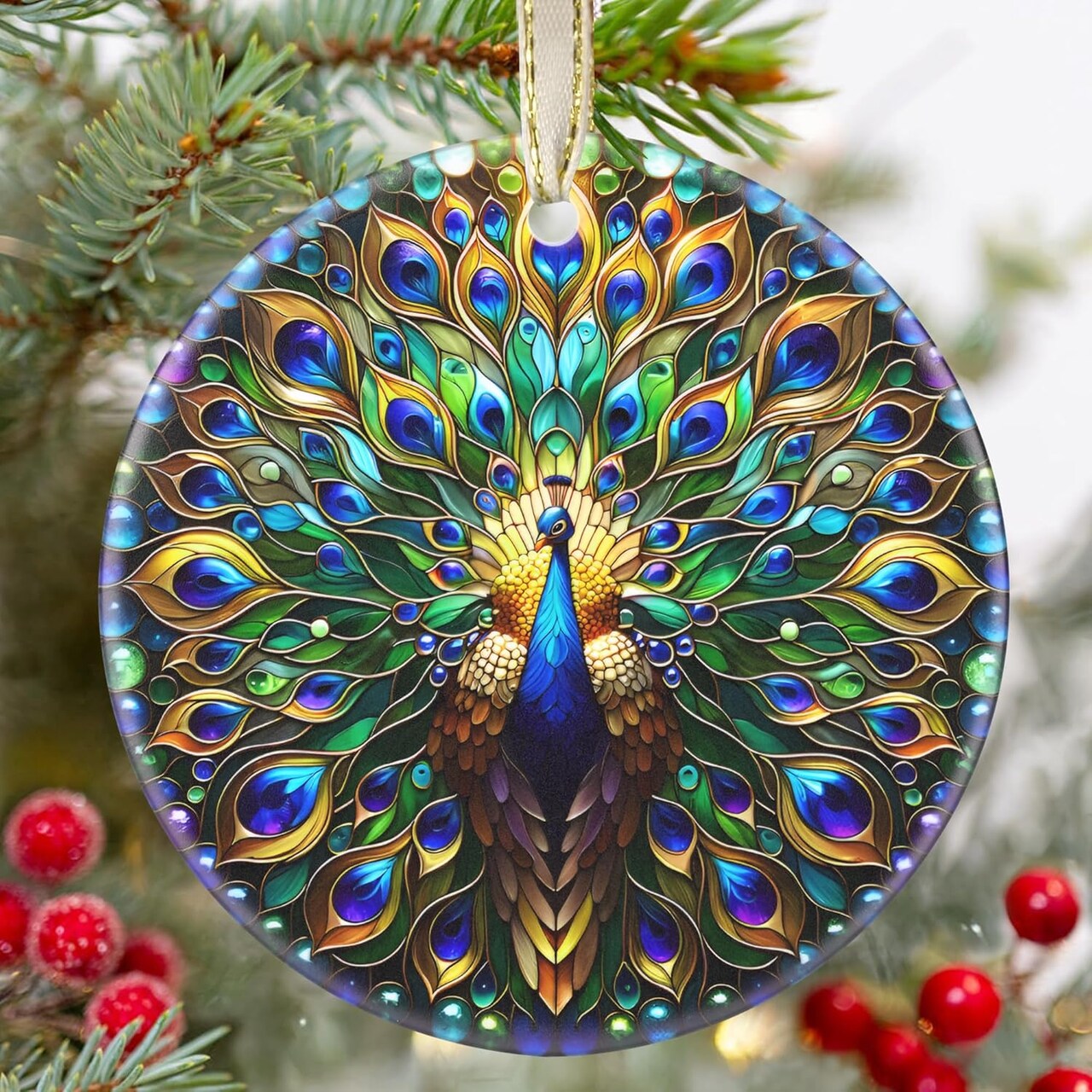 Christmas Ornament - Peacock Decor Round Ceramic - Peacock Hanging Ornament - Christmas Tree Decor - Ornaments for Christmas Tree - Gifts for Peacock Lovers - Peacock Themed Gifts
